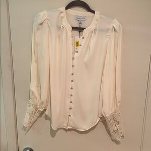 Gibson Latimer Cream Blouse with Lace Accents Rhinestone Buttons NWT M